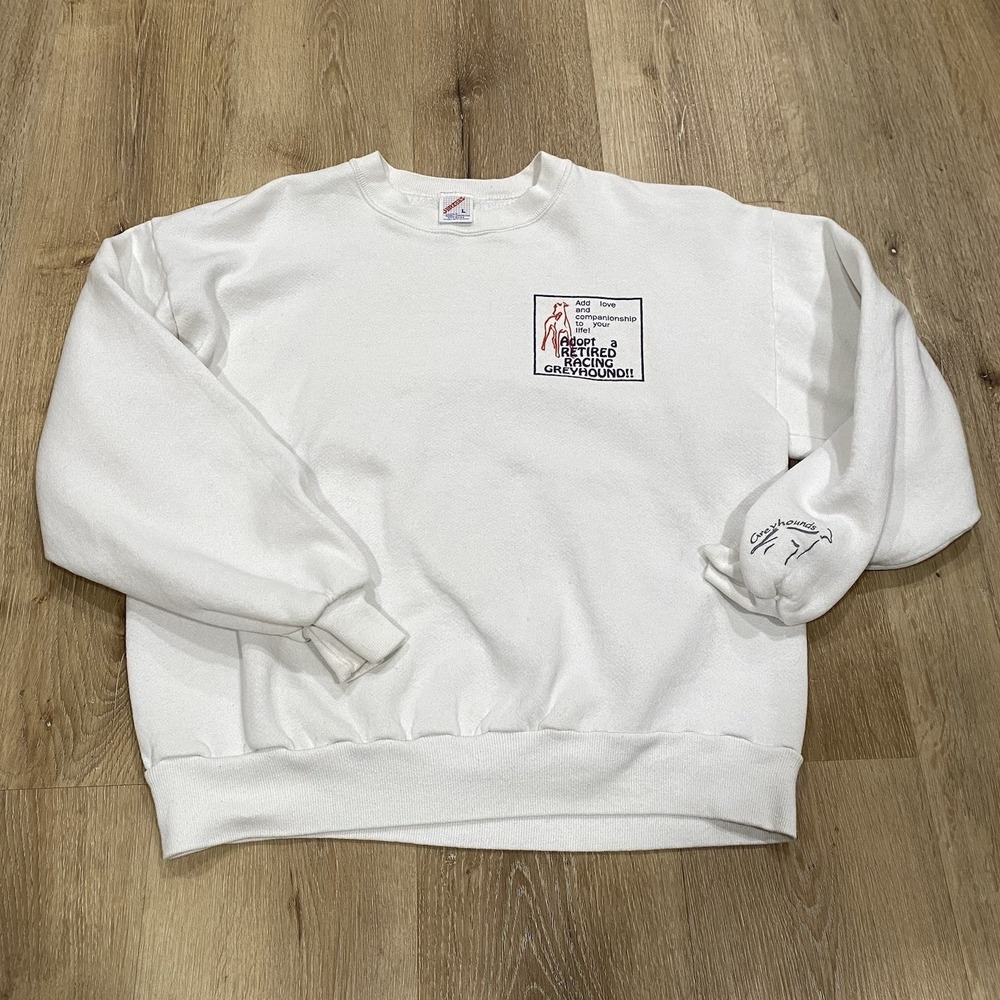 Vintage Jerzees Adopt A Retired Racing Greyhound Sweatshirt L White 90s USA READ